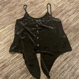 Black satin blouse with buttons and front tie